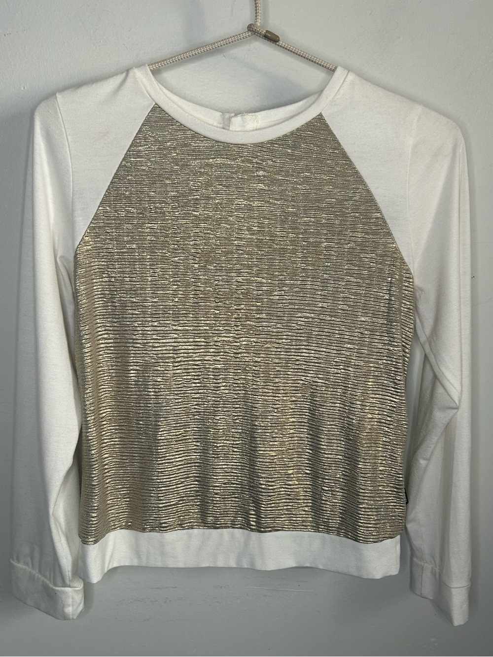 DKNY Girls Metallic Gold & Cream Long Sleeve Raglan Top - Size Large